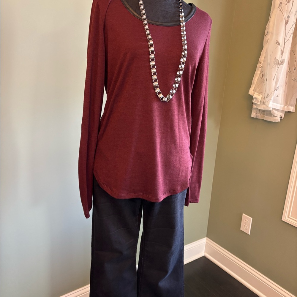 Ann Taylor Burgundy or Black Long Sleeve Blouse with Leather Piping & Accents